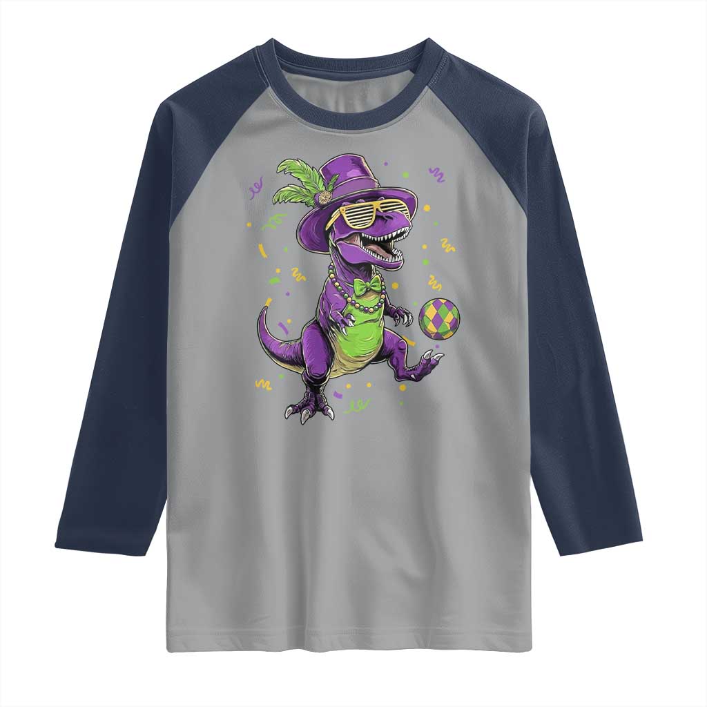 Funny Mardi Gras Dinosaur Playing Soccer Raglan Shirt