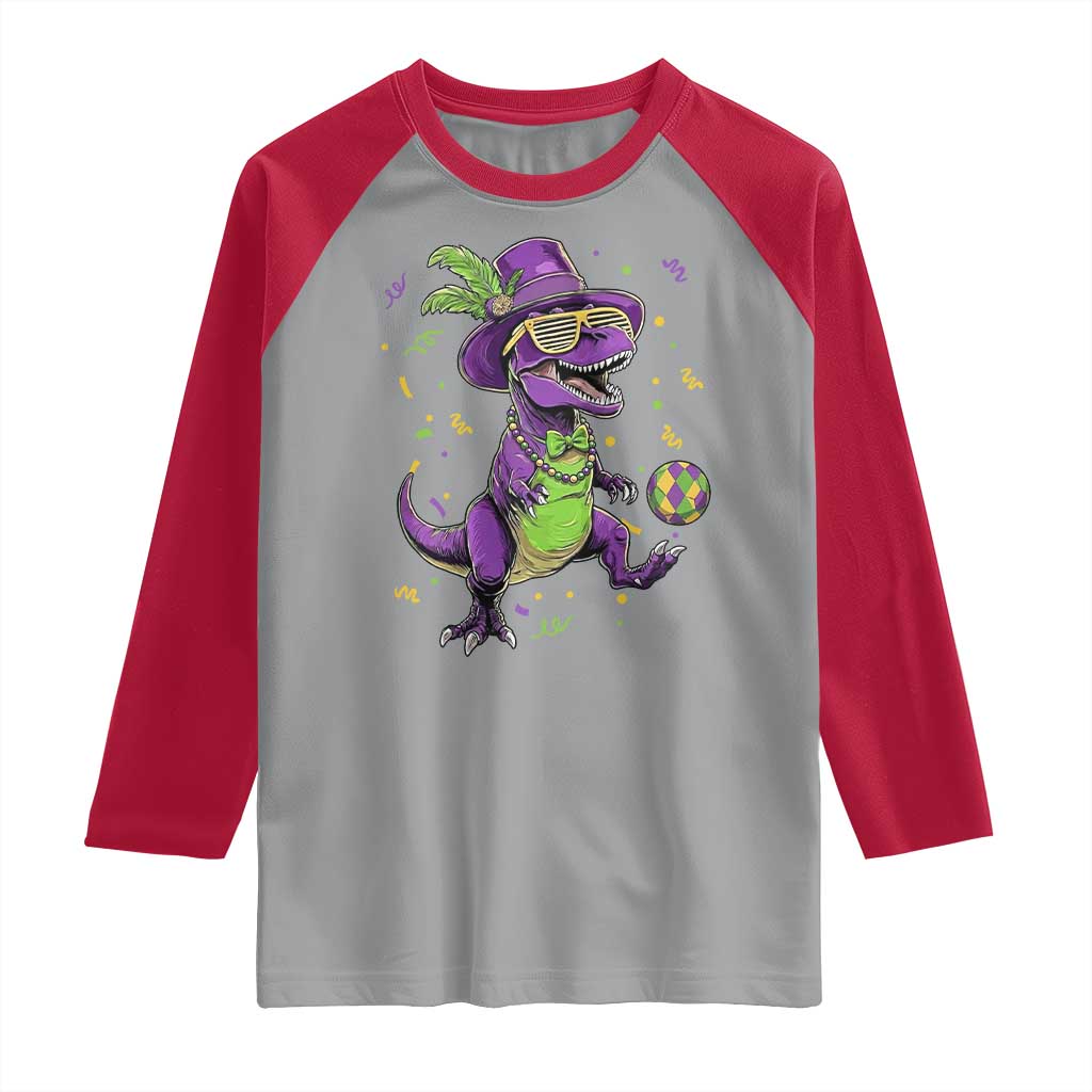 Funny Mardi Gras Dinosaur Playing Soccer Raglan Shirt