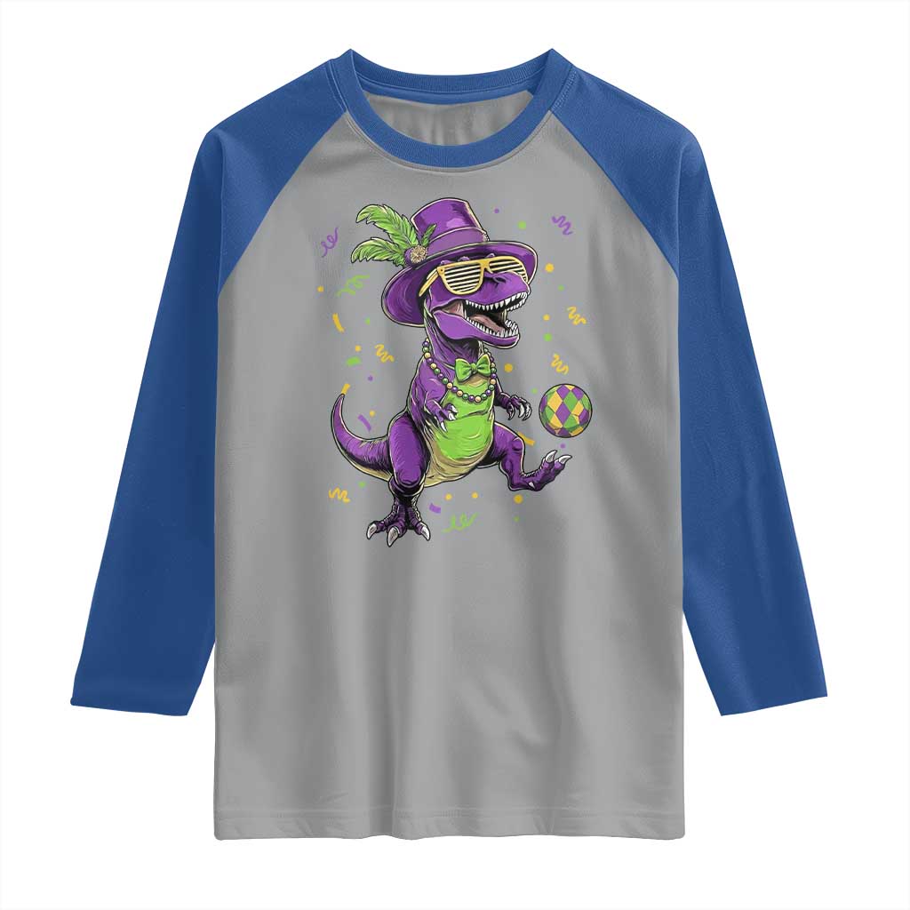 Funny Mardi Gras Dinosaur Playing Soccer Raglan Shirt
