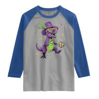 Funny Mardi Gras Dinosaur Playing Soccer Raglan Shirt