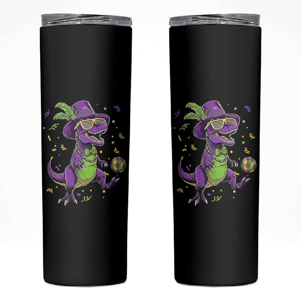 Funny Mardi Gras Dinosaur Playing Soccer Skinny Tumbler
