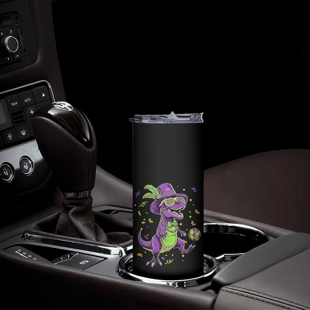 Funny Mardi Gras Dinosaur Playing Soccer Skinny Tumbler