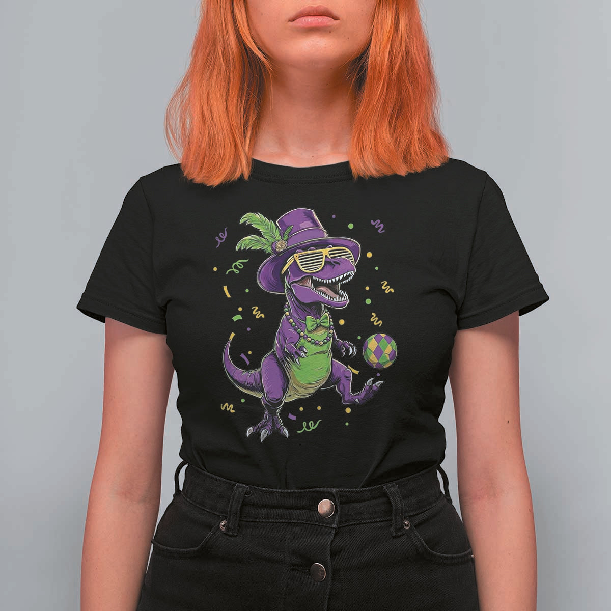 Funny Mardi Gras Dinosaur Playing Soccer T Shirt For Women