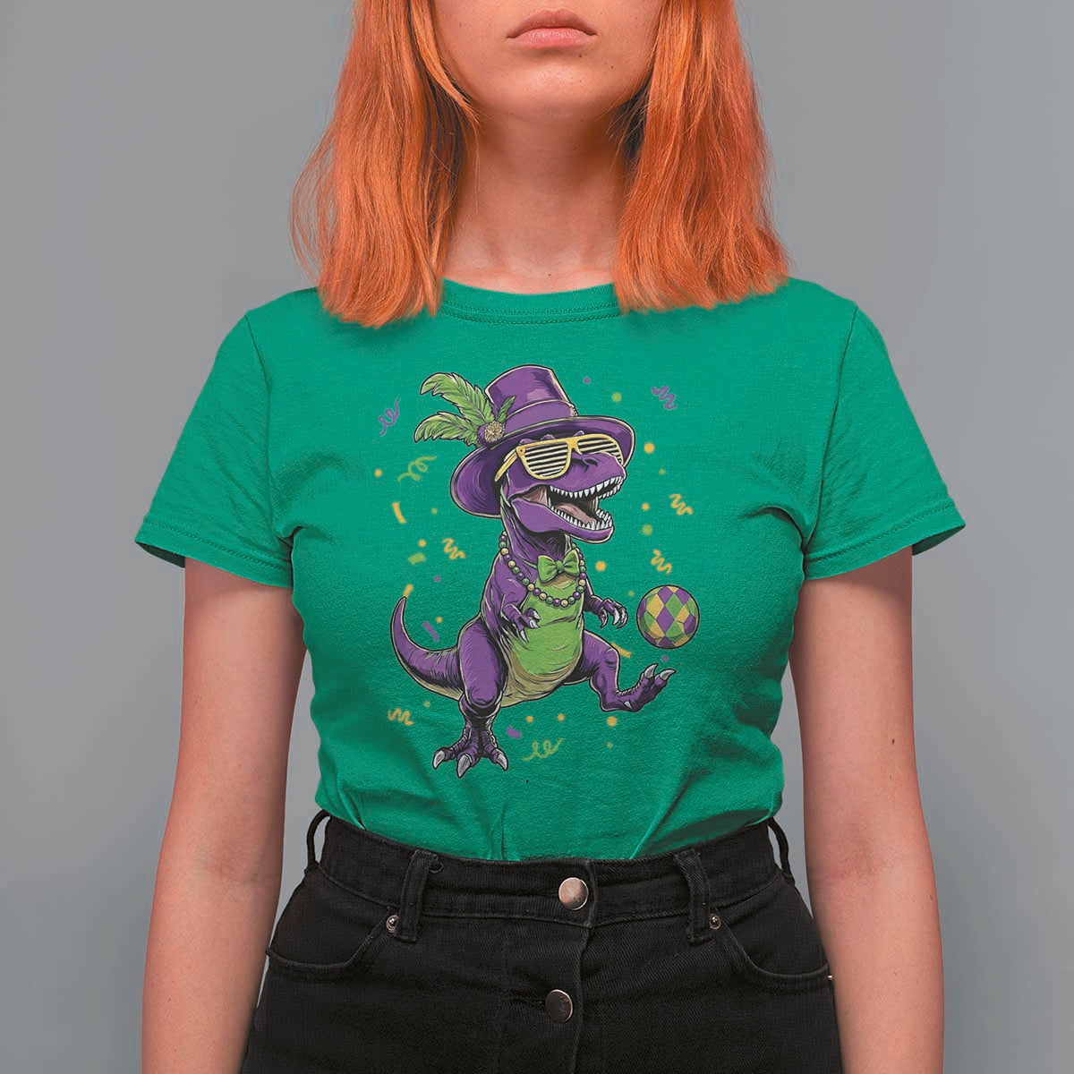 Funny Mardi Gras Dinosaur Playing Soccer T Shirt For Women