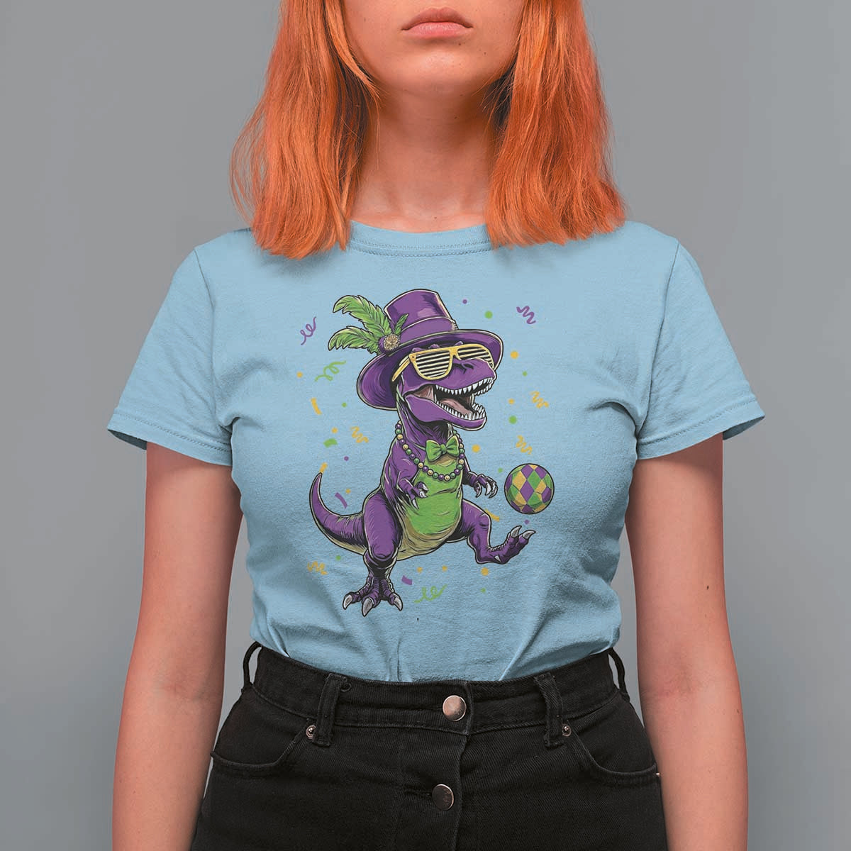 Funny Mardi Gras Dinosaur Playing Soccer T Shirt For Women