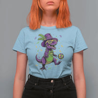 Funny Mardi Gras Dinosaur Playing Soccer T Shirt For Women