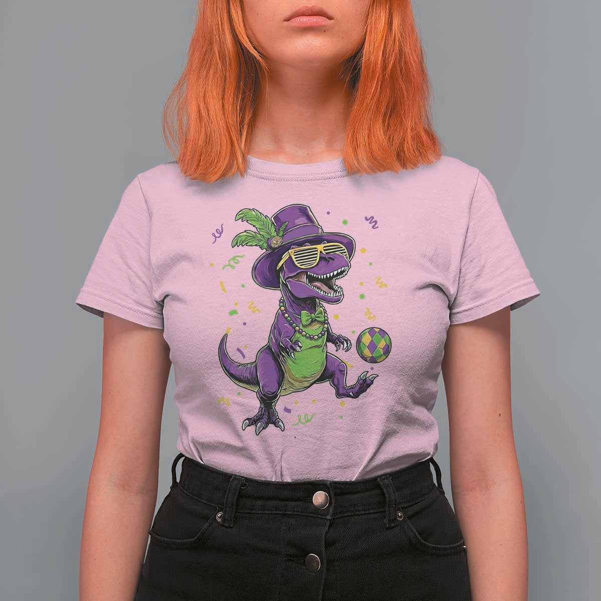 Funny Mardi Gras Dinosaur Playing Soccer T Shirt For Women