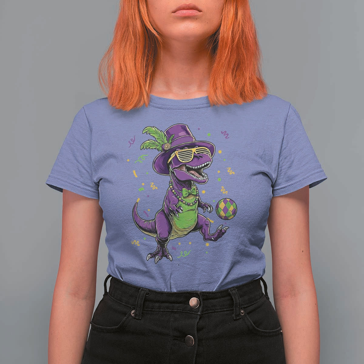 Funny Mardi Gras Dinosaur Playing Soccer T Shirt For Women