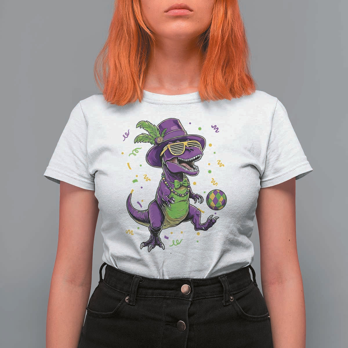 Funny Mardi Gras Dinosaur Playing Soccer T Shirt For Women