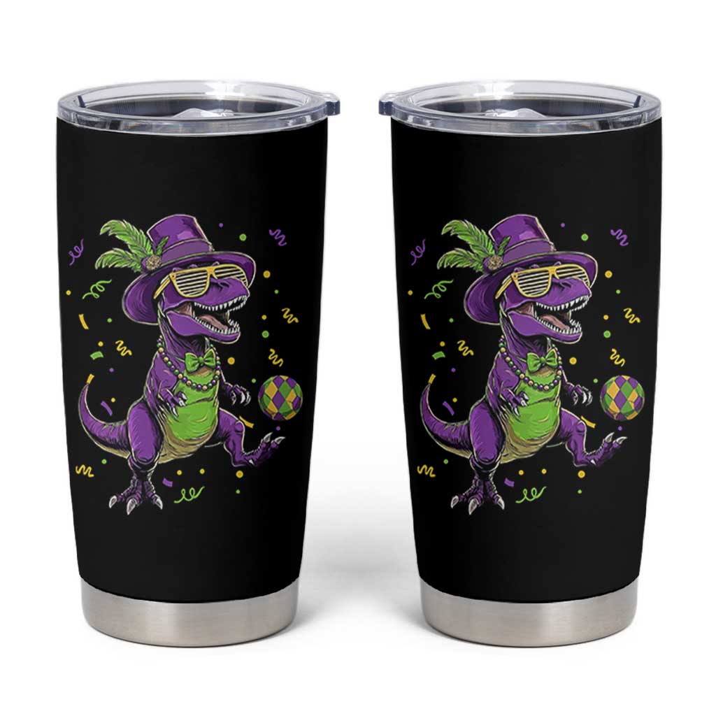 Funny Mardi Gras Dinosaur Playing Soccer Tumbler Cup