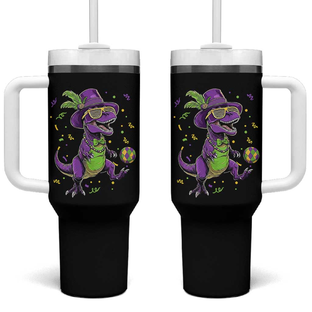 Funny Mardi Gras Dinosaur Playing Soccer Tumbler With Handle