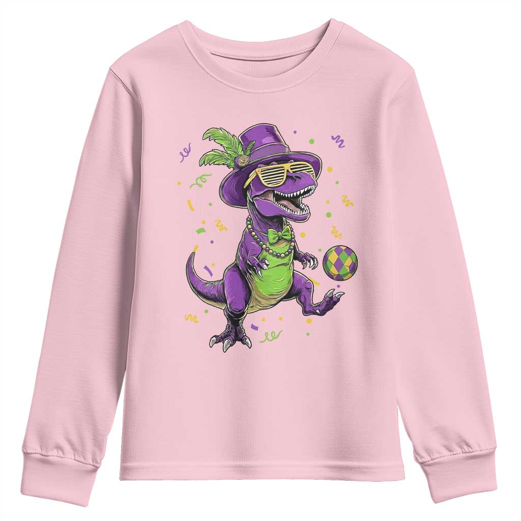 Funny Mardi Gras Dinosaur Playing Soccer Youth Sweatshirt