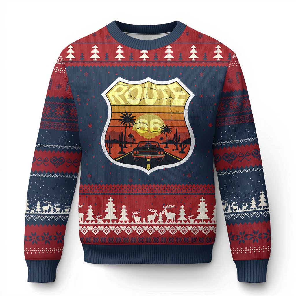 Retro Route Highway 66 Ugly Christmas Sweater Vintage Americana Road Trip