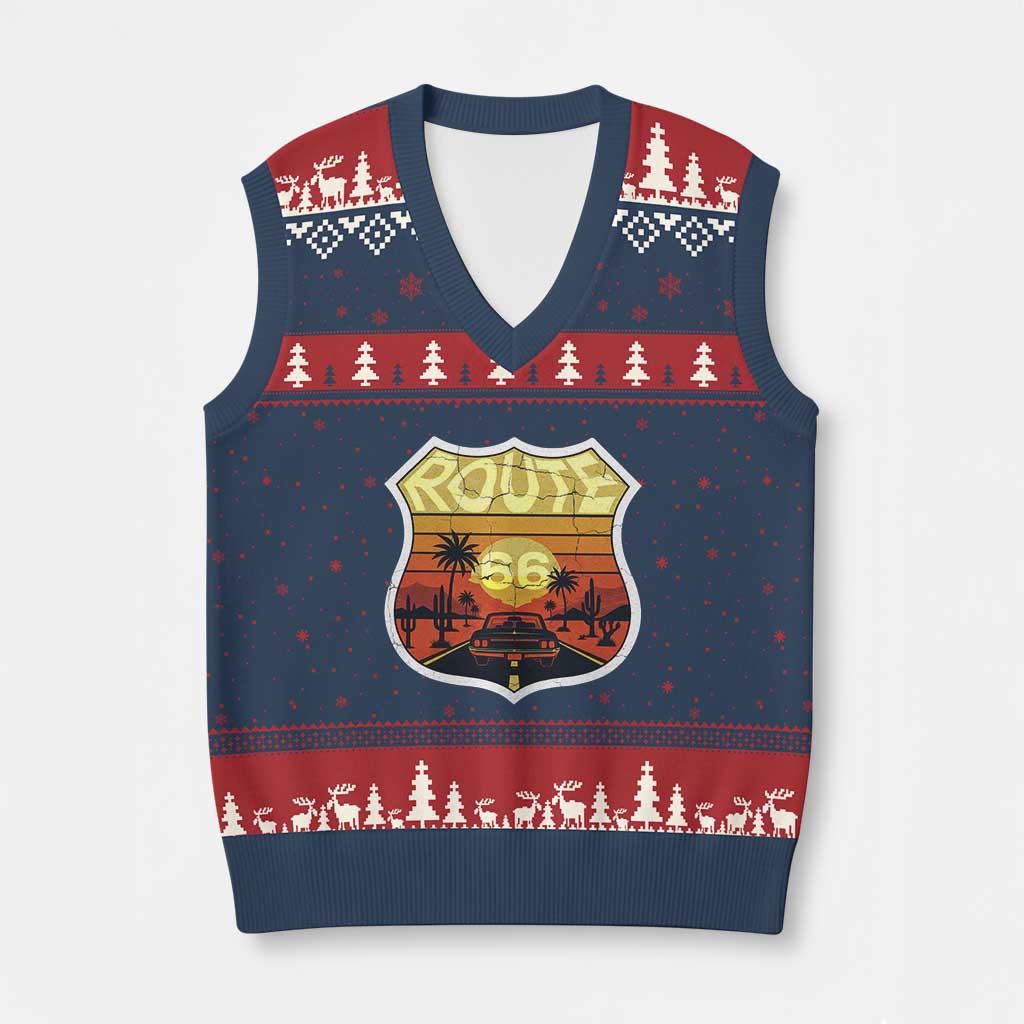 Retro Route Highway 66 V-Neck Knit Sweater Vest Vintage Americana Road Trip
