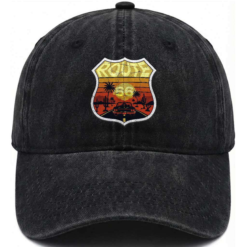 Retro Route Highway 66 Washed Cotton Baseball Cap Vintage Americana Road Trip