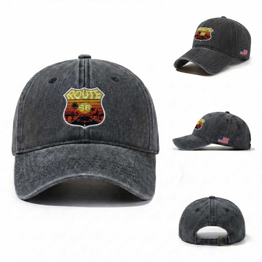 Retro Route Highway 66 Washed Cotton Baseball Cap Vintage Americana Road Trip