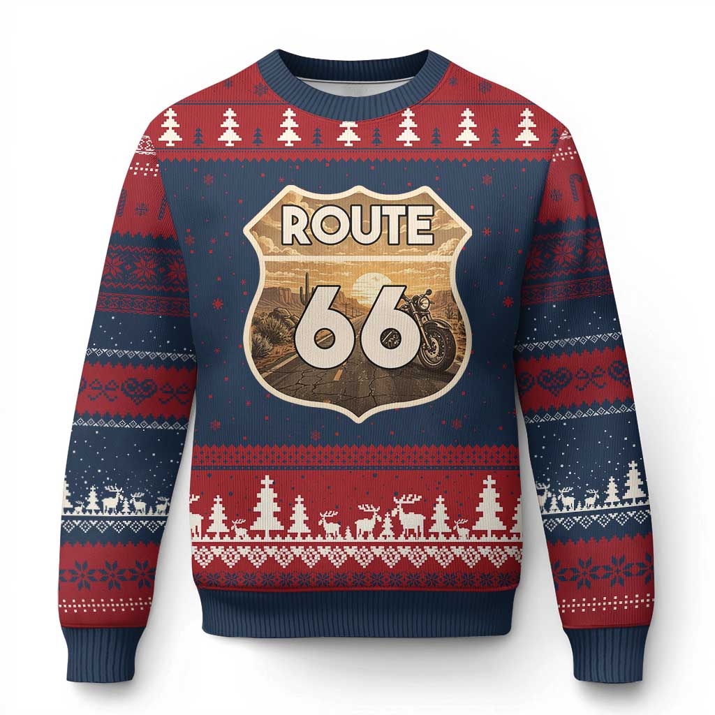 Vintage Motorcycle Road Trip Route Highway 66 Ugly Christmas Sweater Open Road Adventure