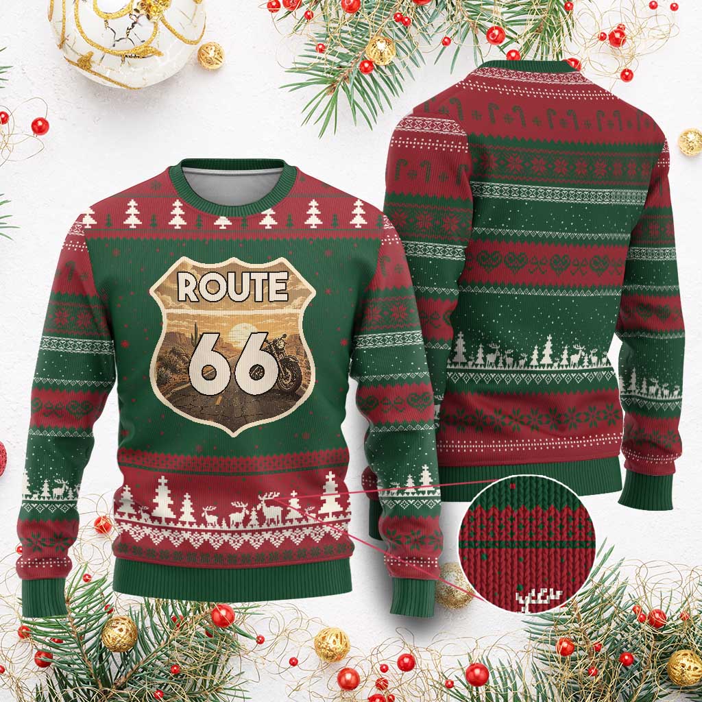 Vintage Motorcycle Road Trip Route Highway 66 Ugly Christmas Sweater Open Road Adventure