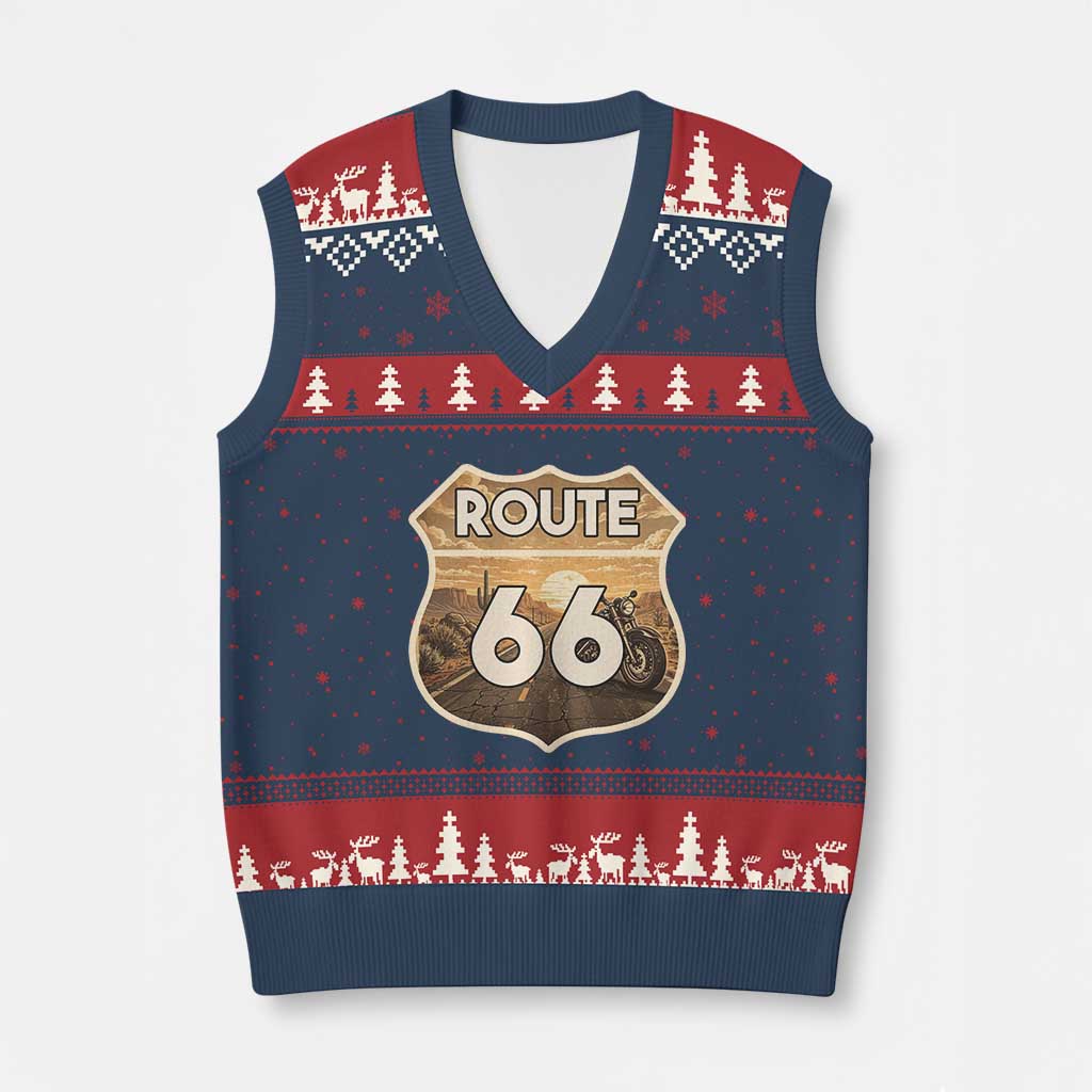 Vintage Motorcycle Road Trip Route Highway 66 V-Neck Knit Sweater Vest Open Road Adventure