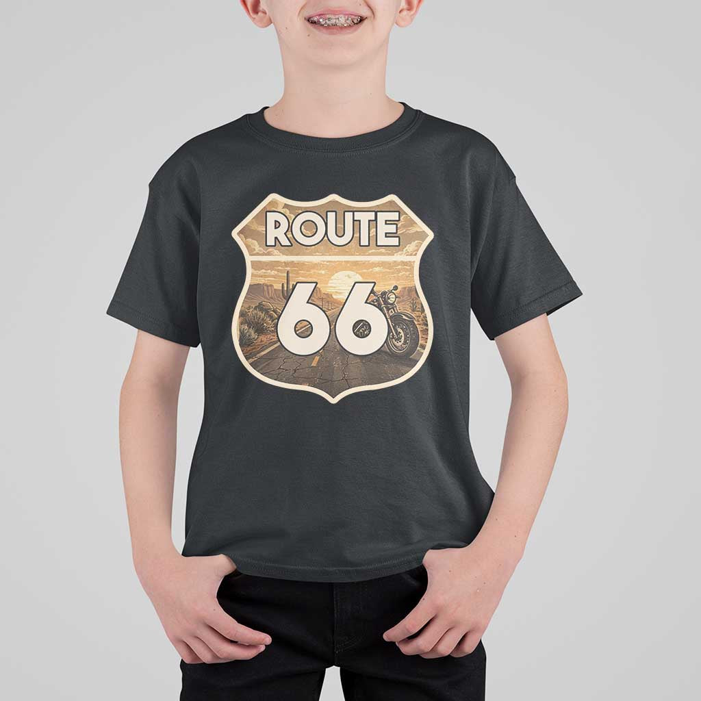 Vintage Motorcycle Road Trip Route Highway 66 T Shirt For Kid Open Road Adventure