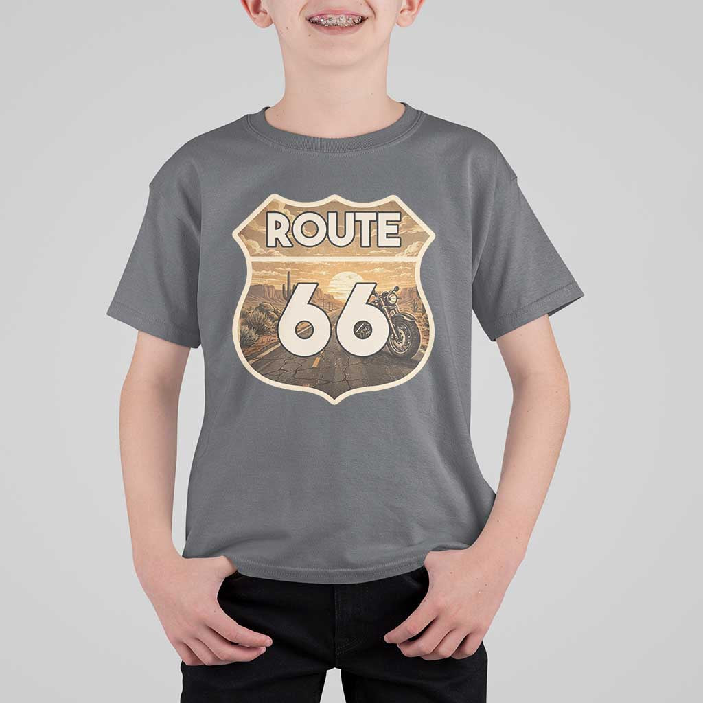 Vintage Motorcycle Road Trip Route Highway 66 T Shirt For Kid Open Road Adventure