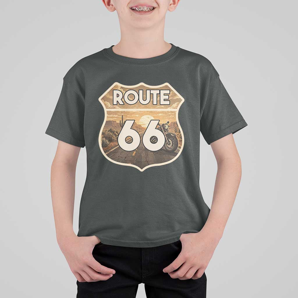 Vintage Motorcycle Road Trip Route Highway 66 T Shirt For Kid Open Road Adventure