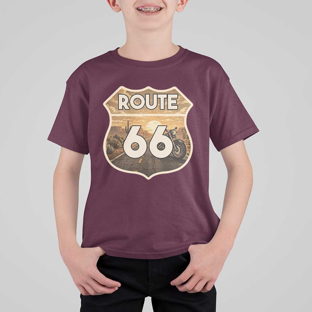 Vintage Motorcycle Road Trip Route Highway 66 T Shirt For Kid Open Road Adventure