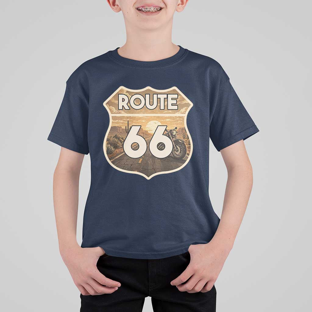Vintage Motorcycle Road Trip Route Highway 66 T Shirt For Kid Open Road Adventure