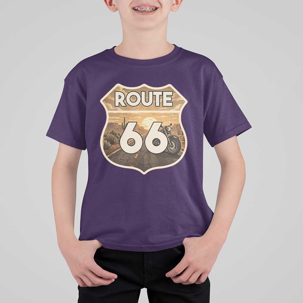 Vintage Motorcycle Road Trip Route Highway 66 T Shirt For Kid Open Road Adventure