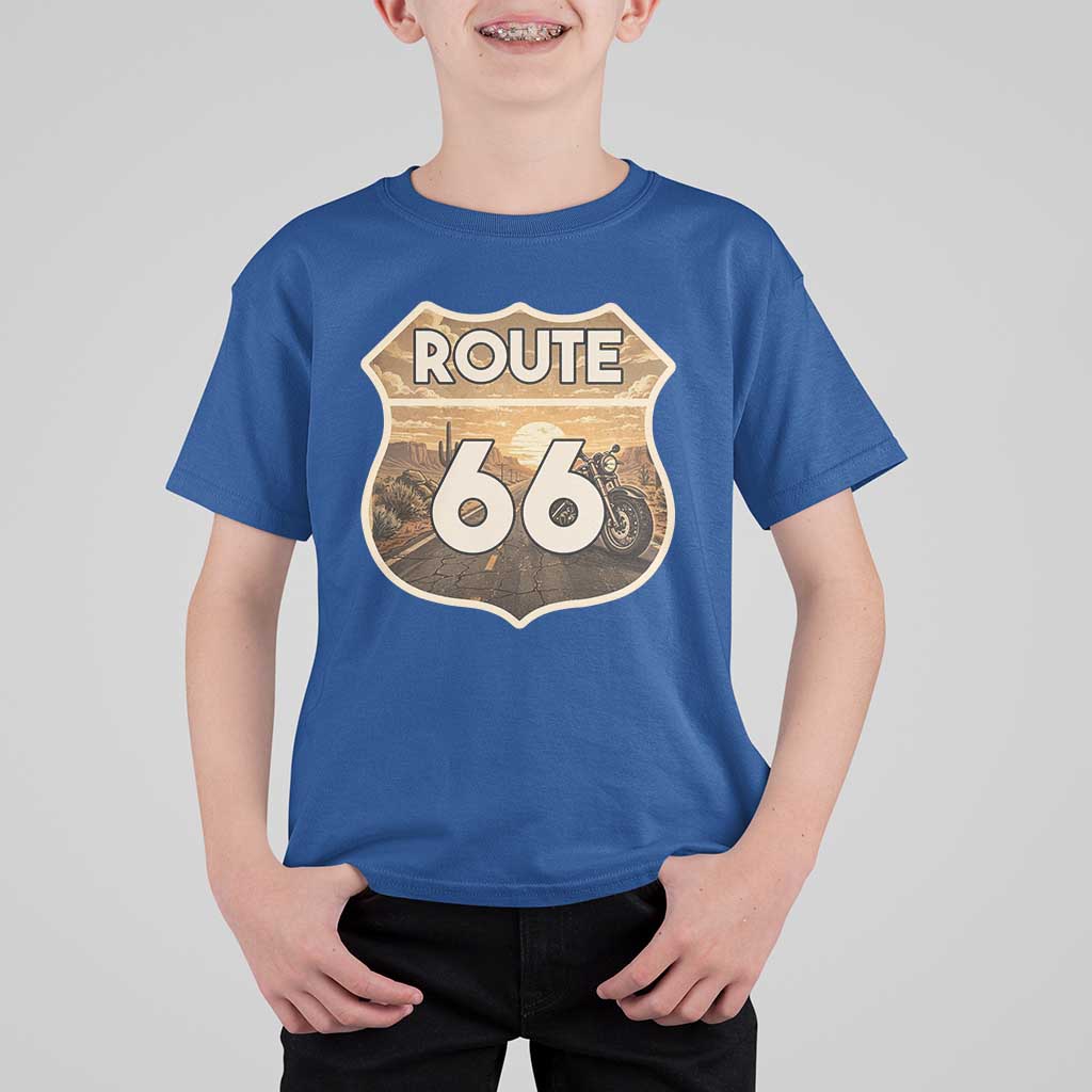 Vintage Motorcycle Road Trip Route Highway 66 T Shirt For Kid Open Road Adventure