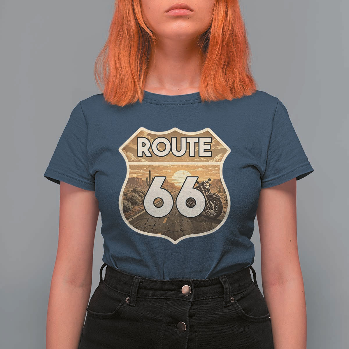 Vintage Motorcycle Road Trip Route Highway 66 T Shirt For Women Open Road Adventure