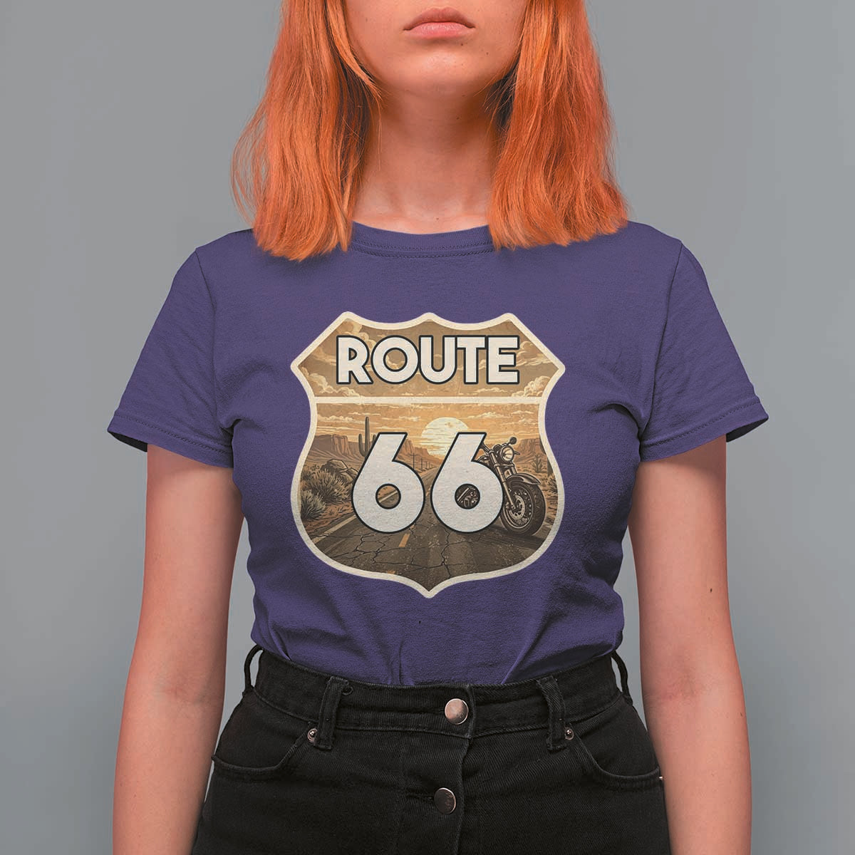Vintage Motorcycle Road Trip Route Highway 66 T Shirt For Women Open Road Adventure