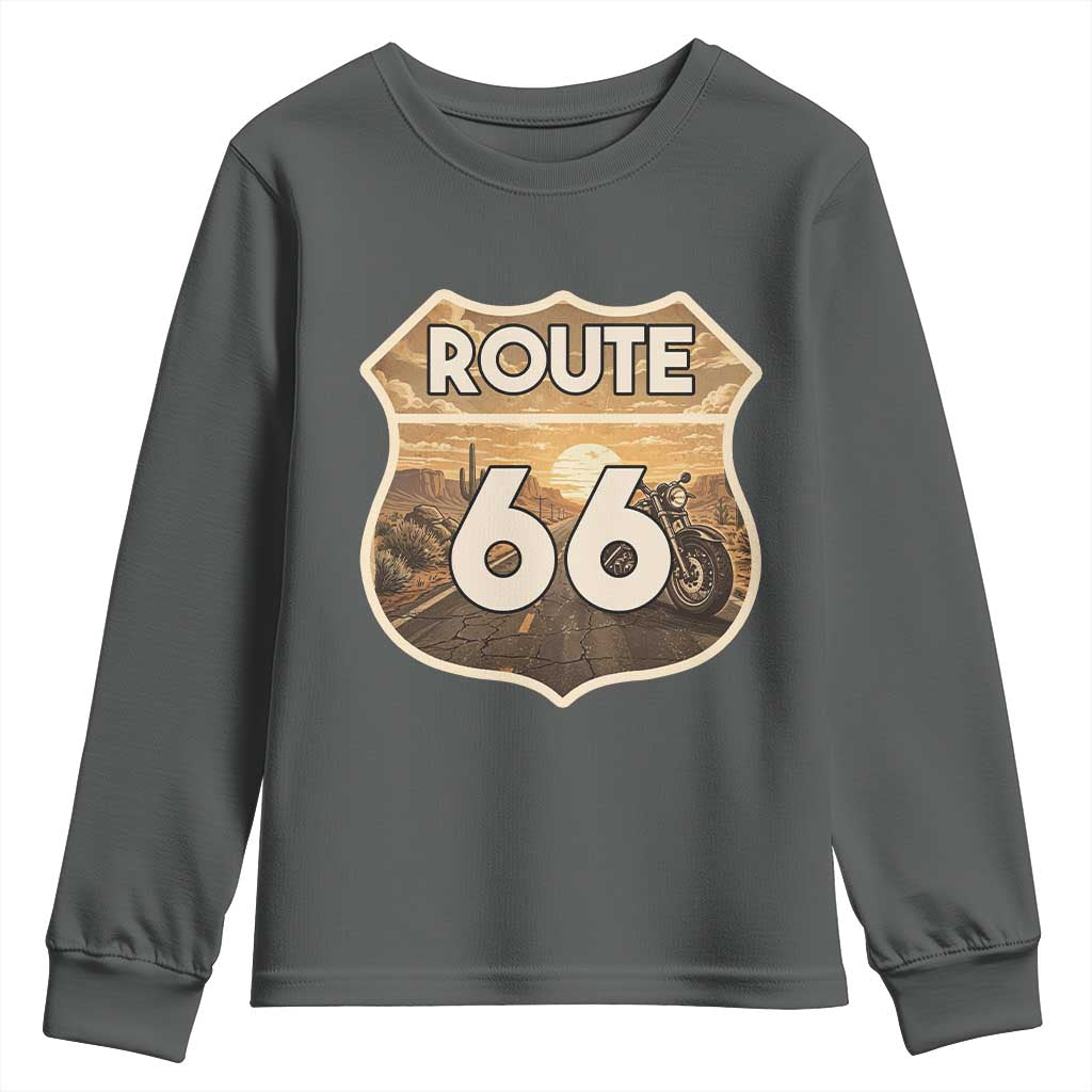Vintage Motorcycle Road Trip Route Highway 66 Youth Sweatshirt Open Road Adventure