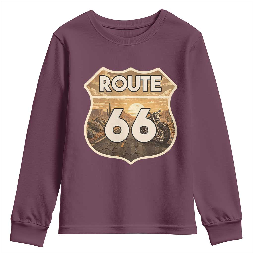 Vintage Motorcycle Road Trip Route Highway 66 Youth Sweatshirt Open Road Adventure
