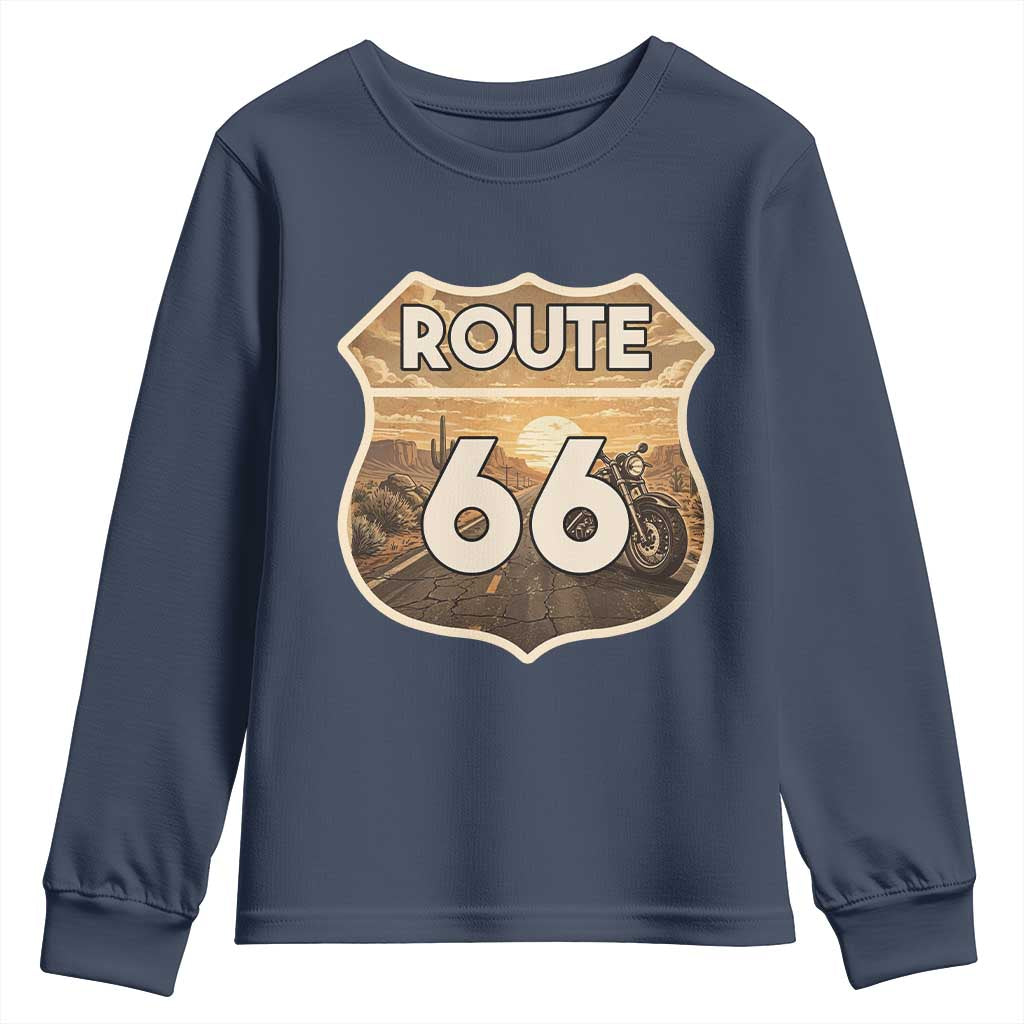 Vintage Motorcycle Road Trip Route Highway 66 Youth Sweatshirt Open Road Adventure