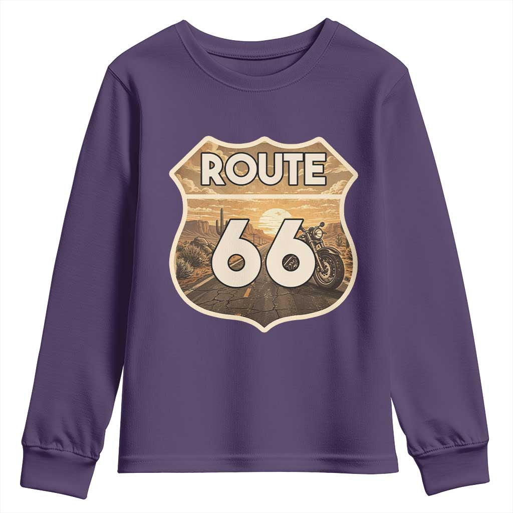 Vintage Motorcycle Road Trip Route Highway 66 Youth Sweatshirt Open Road Adventure
