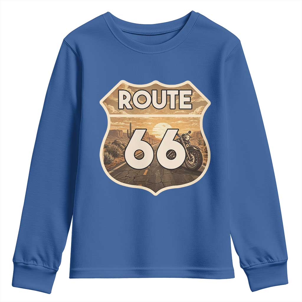 Vintage Motorcycle Road Trip Route Highway 66 Youth Sweatshirt Open Road Adventure