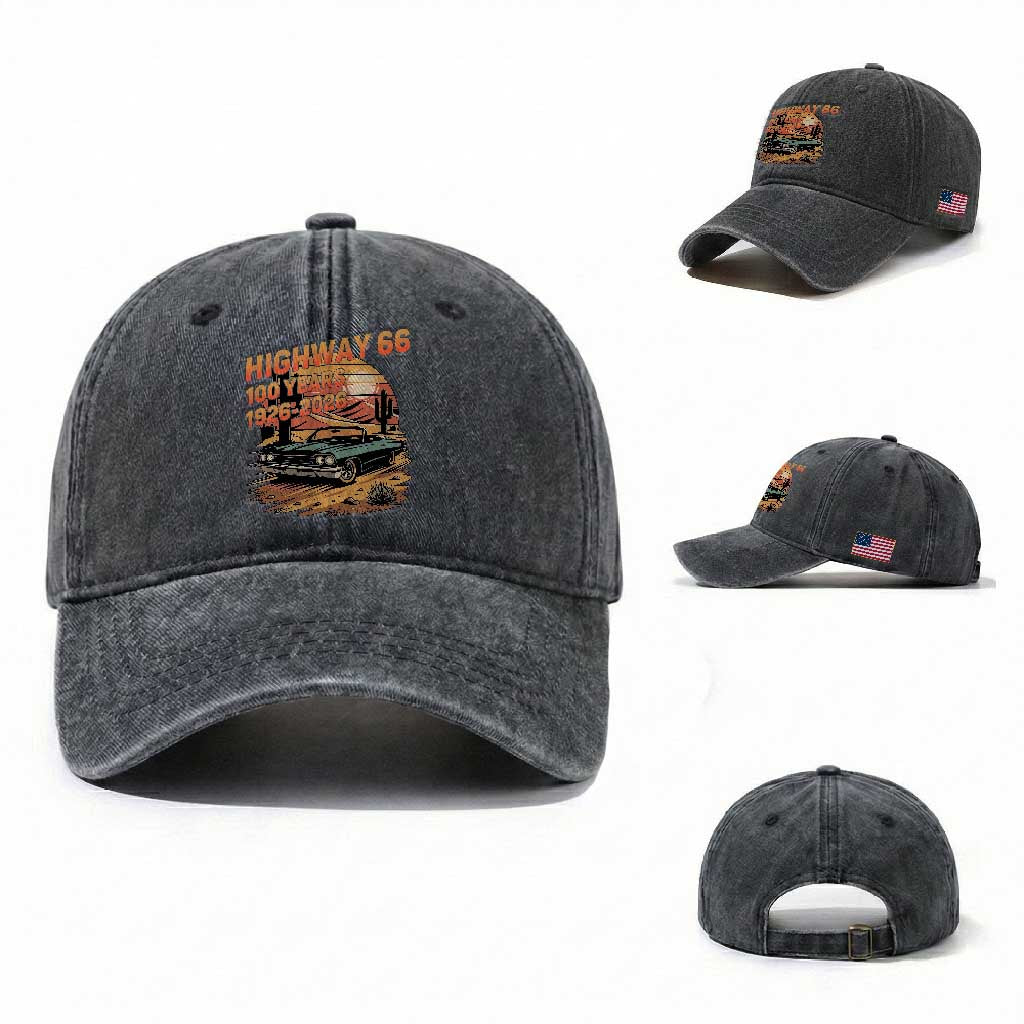 Route Highway 66 Centennial Washed Cotton Baseball Cap 100 Year Road Trip Adventure