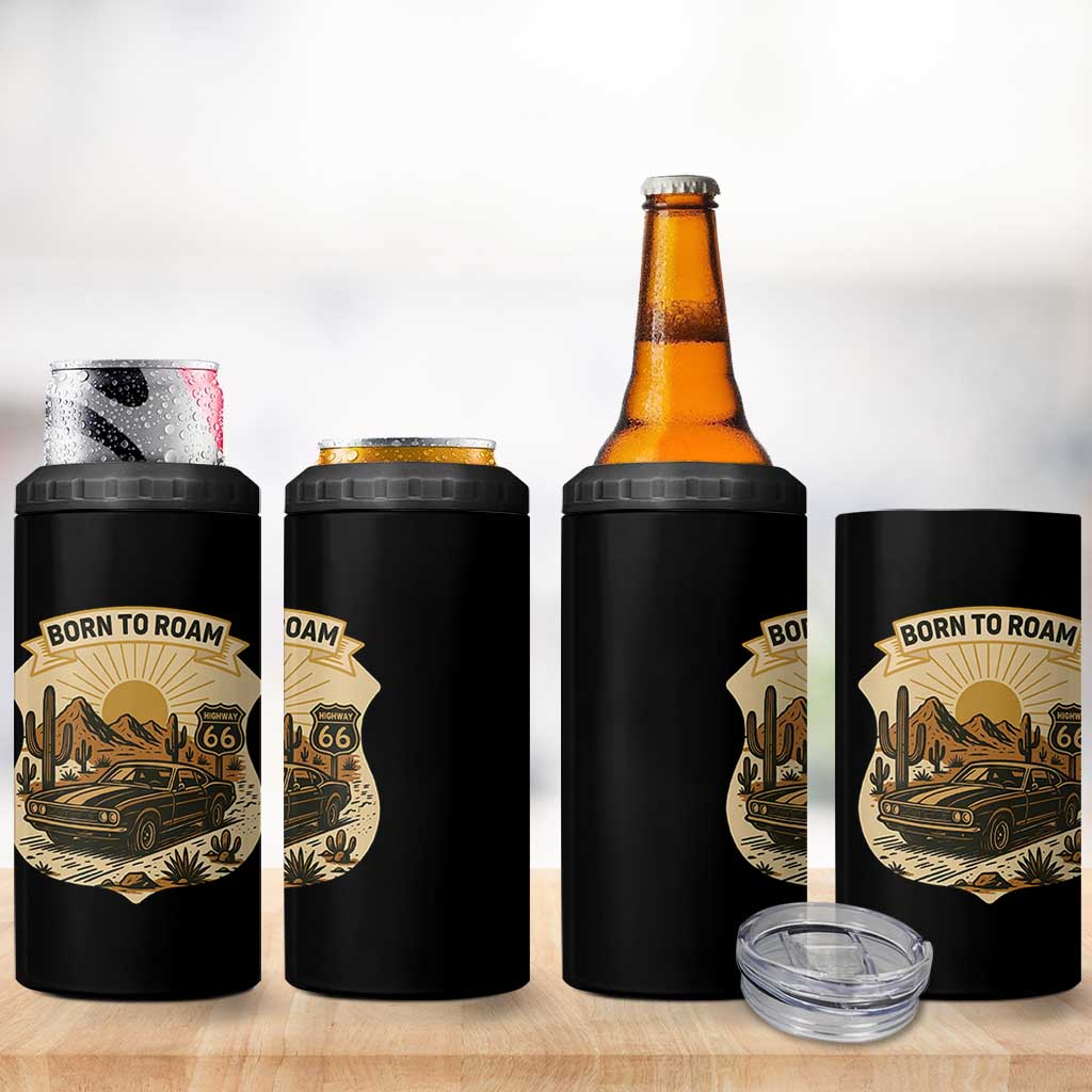 Vintage Muscle Car Route Highway 66 4 in 1 Can Cooler Tumbler Born To Roam Road Trip
