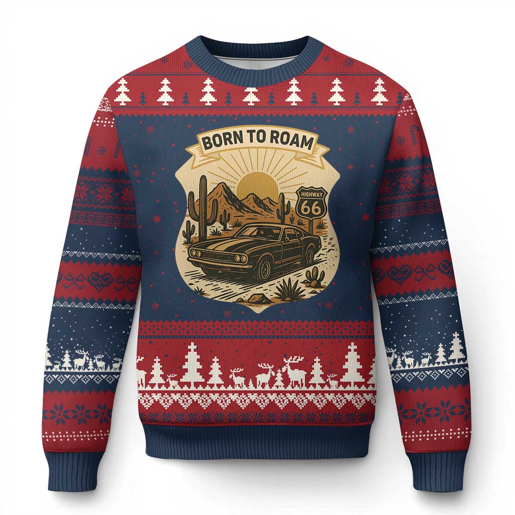 Vintage Muscle Car Route Highway 66 Ugly Christmas Sweater Born To Roam Road Trip