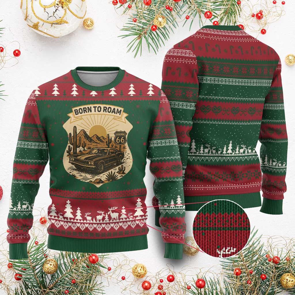 Vintage Muscle Car Route Highway 66 Ugly Christmas Sweater Born To Roam Road Trip