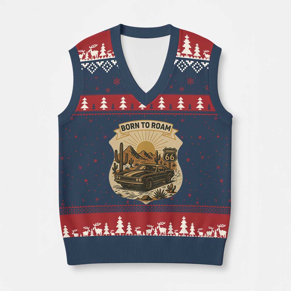 Vintage Muscle Car Route Highway 66 V-Neck Knit Sweater Vest Born To Roam Road Trip