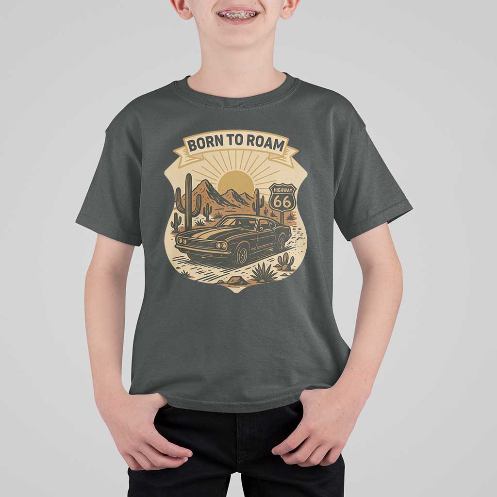 Vintage Muscle Car Route Highway 66 T Shirt For Kid Born To Roam Road Trip