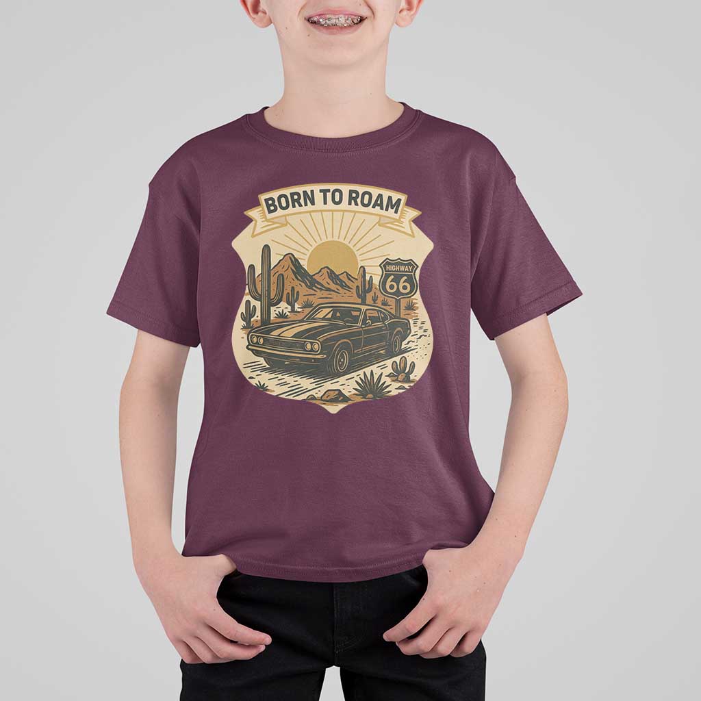 Vintage Muscle Car Route Highway 66 T Shirt For Kid Born To Roam Road Trip