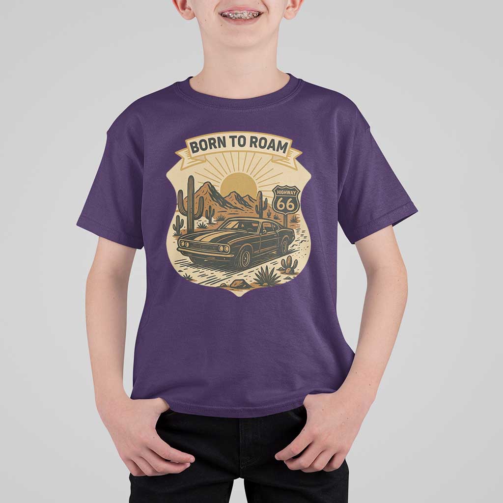 Vintage Muscle Car Route Highway 66 T Shirt For Kid Born To Roam Road Trip