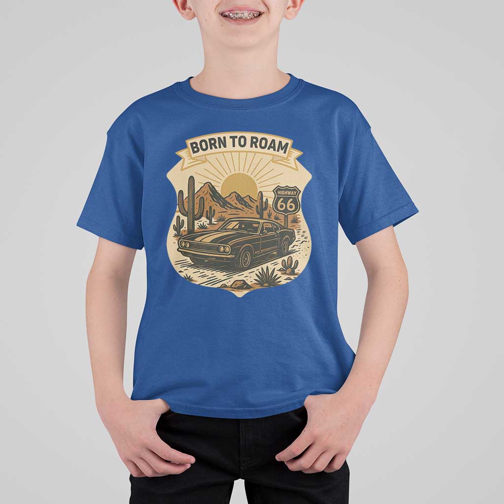 Vintage Muscle Car Route Highway 66 T Shirt For Kid Born To Roam Road Trip