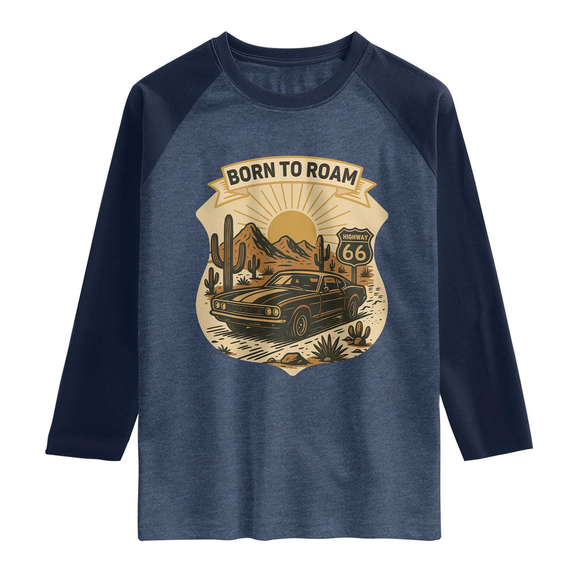 Vintage Muscle Car Route Highway 66 Raglan Shirt Born To Roam Road Trip