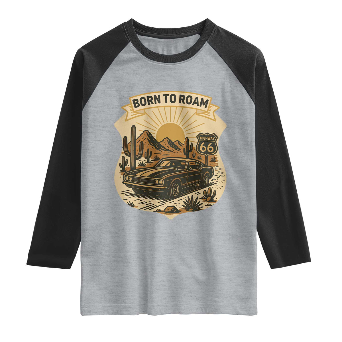 Vintage Muscle Car Route Highway 66 Raglan Shirt Born To Roam Road Trip