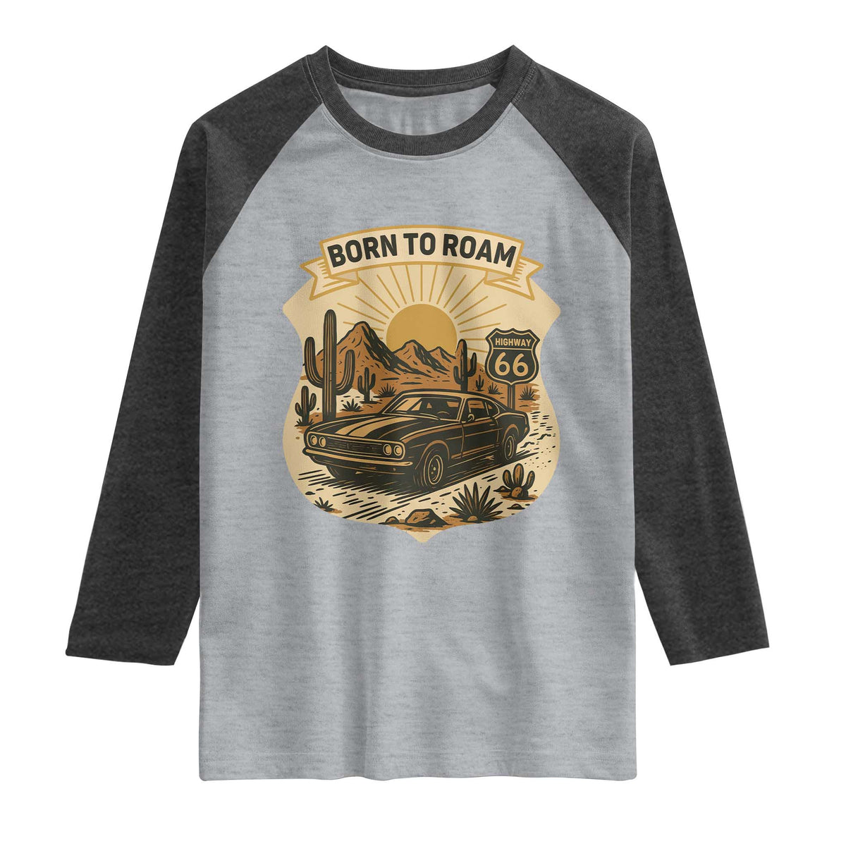 Vintage Muscle Car Route Highway 66 Raglan Shirt Born To Roam Road Trip