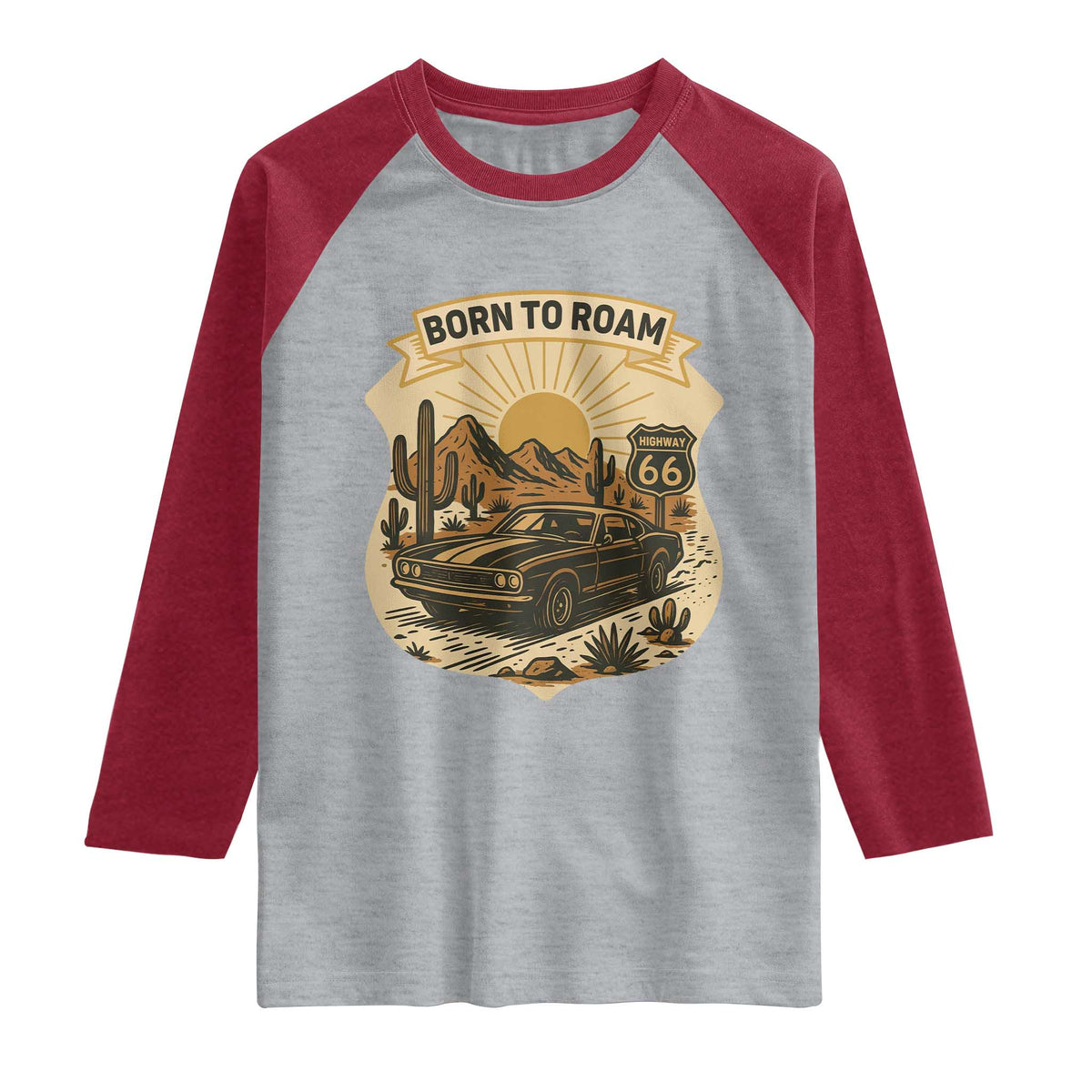 Vintage Muscle Car Route Highway 66 Raglan Shirt Born To Roam Road Trip